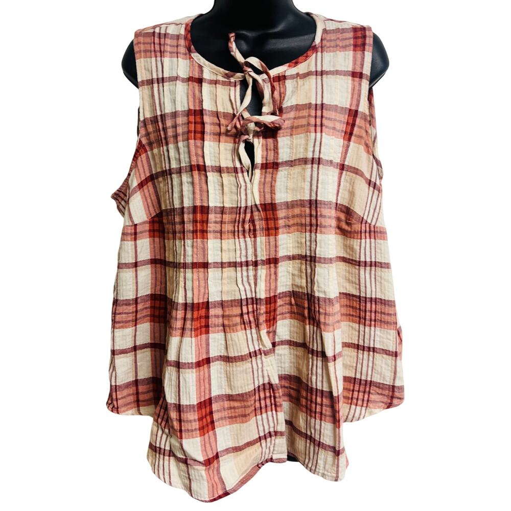 Torrid Crinkle Cotton Plaid Tank Top Size 1X 14 16 Tie Neck Sleeveless New